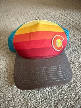 Colorado Sunset Stripe Trucker Hat - Teal, Orange, Red
